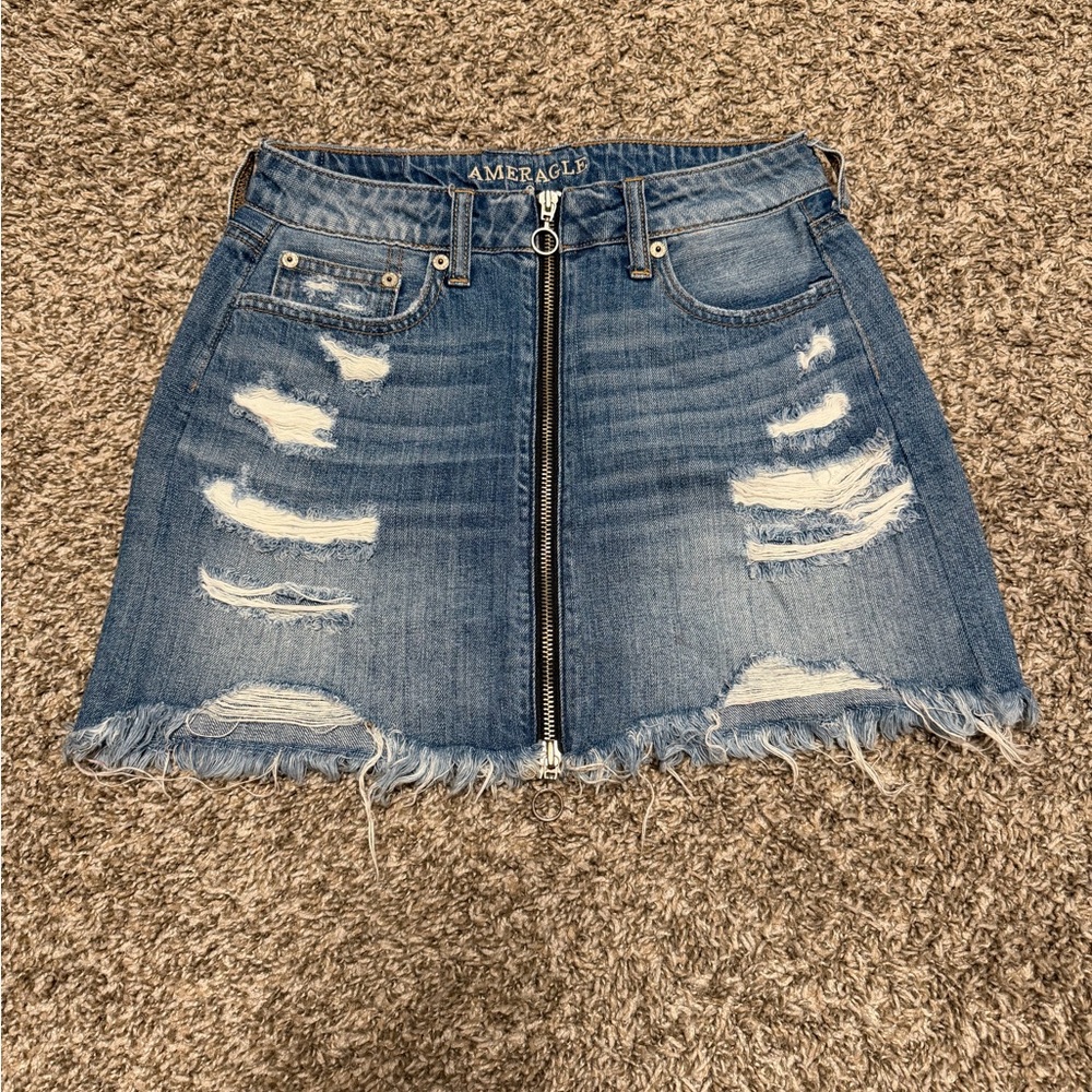 American Eagle Outfitters Zippered Distressed Mini Skirt - Blue